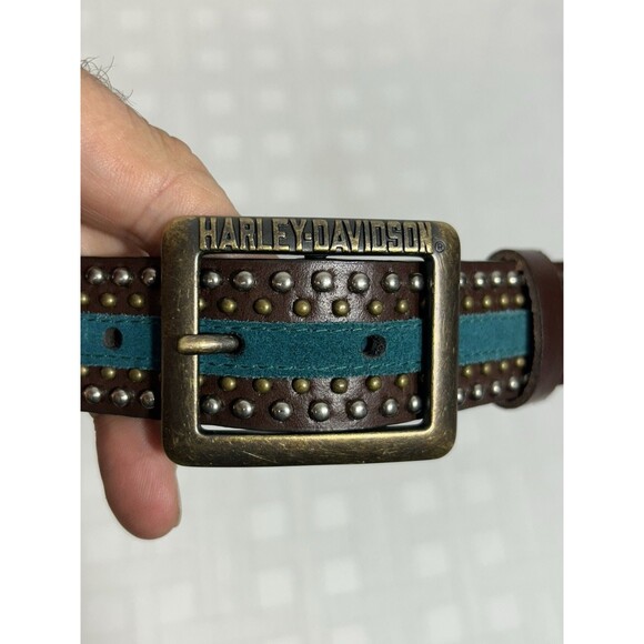 Harley Davidson Womens Size LARGE Brown Leather Teal Blue Gold Silver STUDDED main image 12